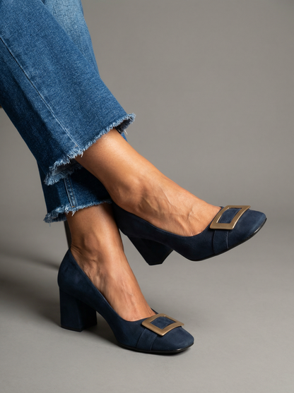 Capri Blu – tacón ancho y estable con hebilla